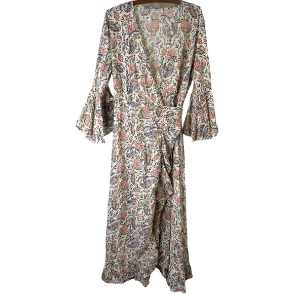 TALISMAN Vintage Lotus Floral Print Ruffle Detail Carly Wrap Dress Size Large - Picture 5 of 16
